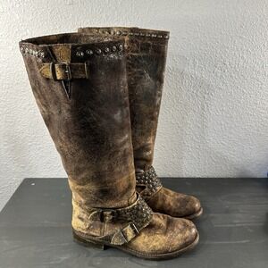 FRYE Jenna 76416 Women Leather Tall Boots 8B Studded Distressed Harness Brown